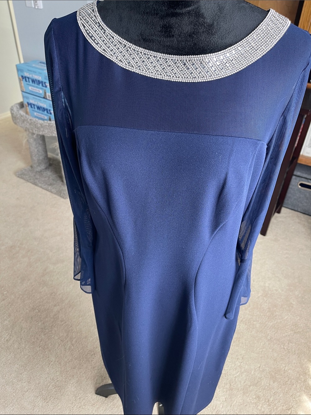 Nordstrom Navy Long-Sleeve Sheer Yoke Dress with Beaded Collar